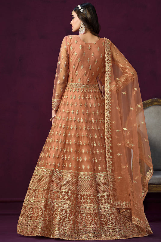 Peach Color Embroidered Long Anarkali Salwar Kameez In Net Fabric