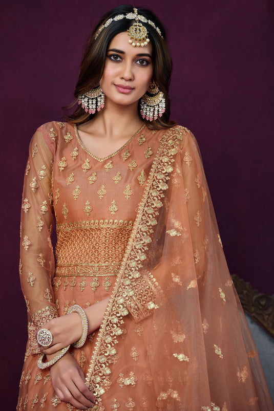 Peach Color Embroidered Long Anarkali Salwar Kameez In Net Fabric