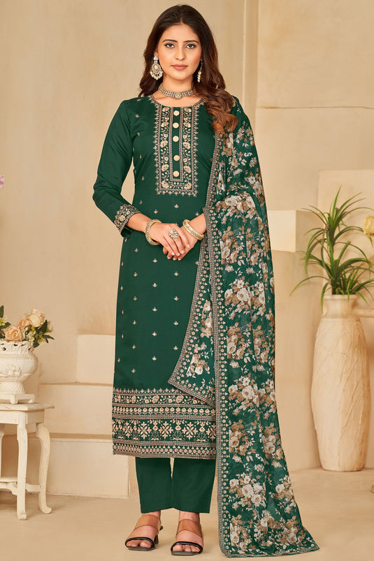 Art Silk Fabric Embroidered Festive Wear Straight Cut Salwar Kameez In Dark Green Color