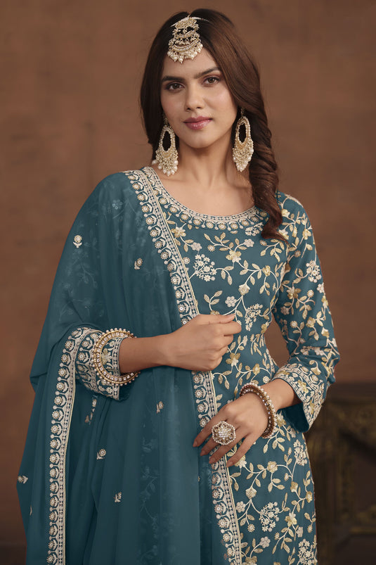 Embroidered Teal Color Function Wear Beautiful Georgette Palazzo Suit