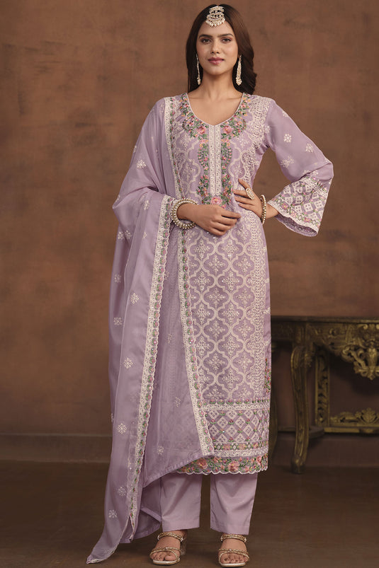 Organza Fabric Lavender Color Glamorous Festive Wear Embroidered Work Salwar Suit