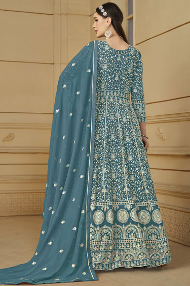 Function Wear Teal Color Embroidered Anarkali Suit In Georgette Fabric