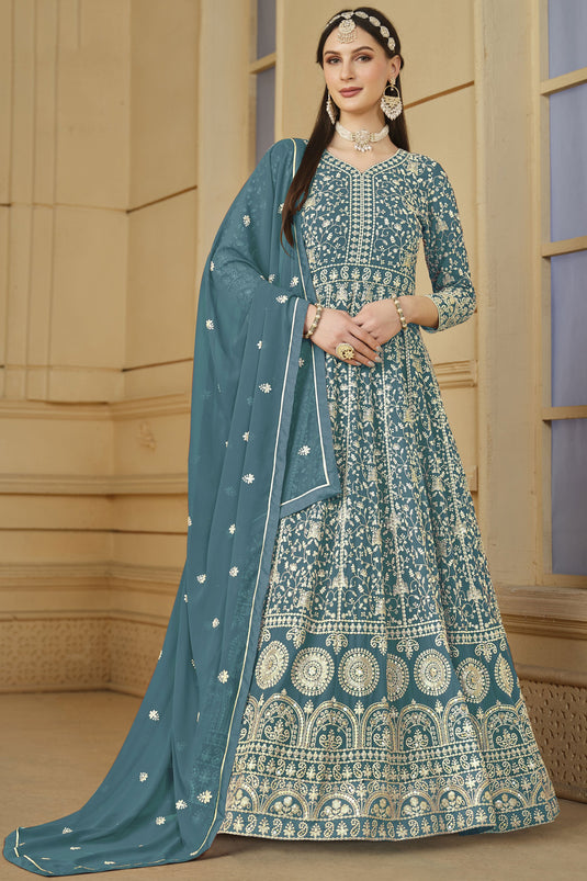 Function Wear Teal Color Embroidered Anarkali Suit In Georgette Fabric