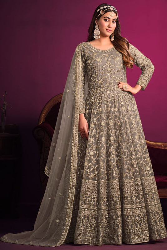 Glamorous Sequins Work Grey Color Anarkali Suit For Sangeet