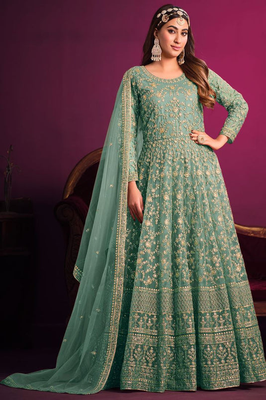 Sangeet Special Sea Green Color Net Anarkali Suit with Dazzling Sequins Work