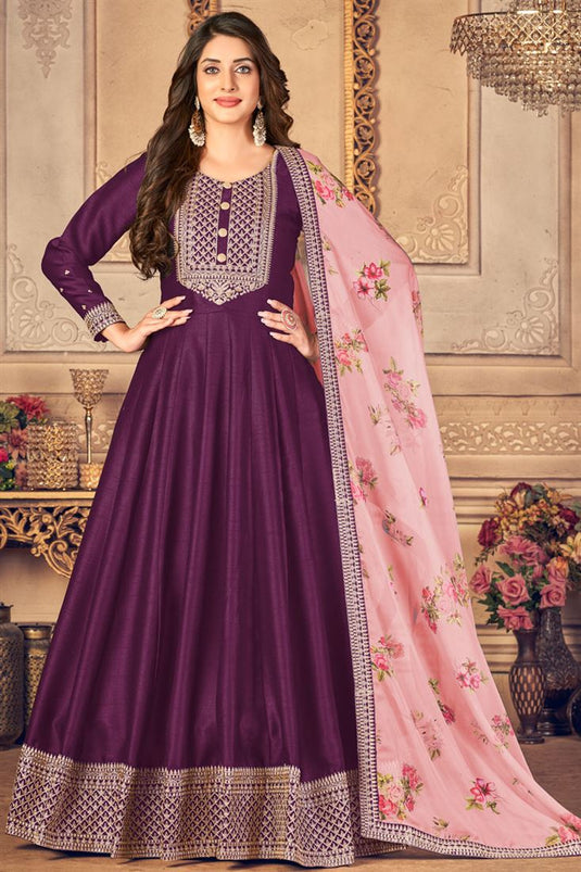 Wine Color Art Silk Fabric Festival Look Imposing Anarkali Suit