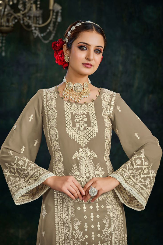 Embroidered Embellished Palazzo Suit In Dark Beige Color