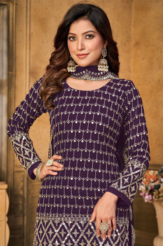 Georgette Sharara Suit in Vibrant Purple Color with Intricate Sequins Work