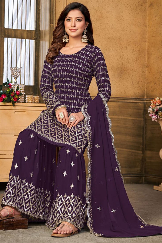 Georgette Sharara Suit in Vibrant Purple Color with Intricate Sequins Work