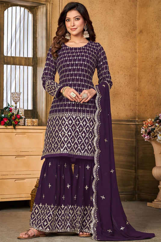 Georgette Sharara Suit in Vibrant Purple Color with Intricate Sequins Work