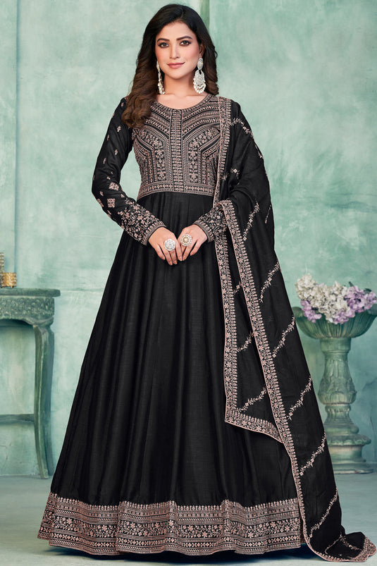 Art Silk Fabric Fancy Embroidered Function Wear Long Anarkali Salwar Suit In Black Color