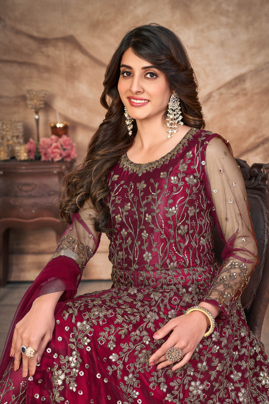 Embroidered Sangeet Wear Anarkali Salwar Kameez In Net Fabric Maroon Color