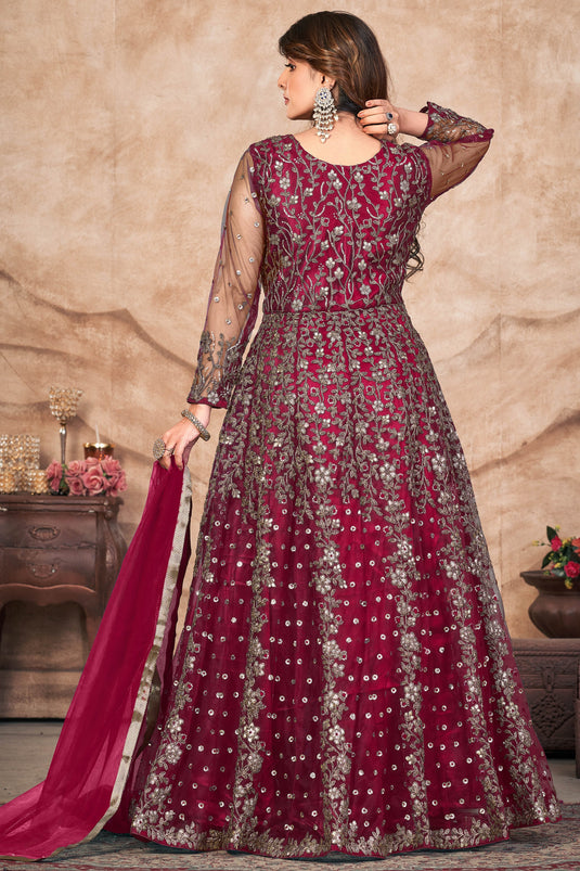 Embroidered Sangeet Wear Anarkali Salwar Kameez In Net Fabric Maroon Color