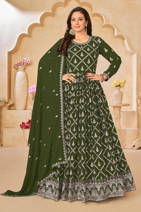 Green Color Embroidered Long Anarkali Salwar Suit In Georgette Fabric