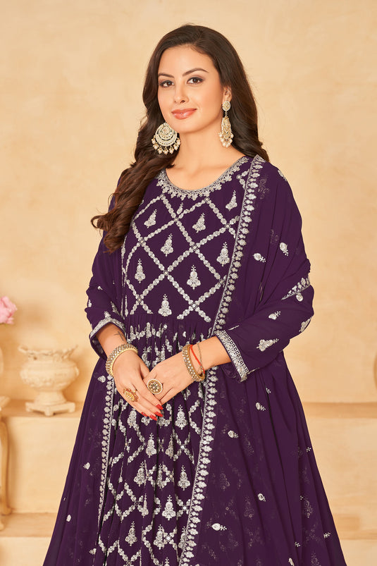 Embroidered Georgette Fabric Long Anarkali Suit In Purple Color