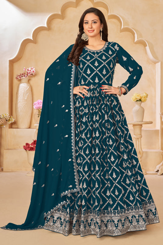 Teal Color Festive Wear Embroidered Long Anarkali Salwar Suit In Georgette Fabric