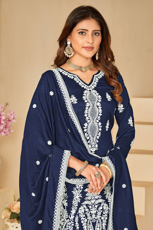 Classic Navy Blue Color Art Silk Fabric Palazzo Suit