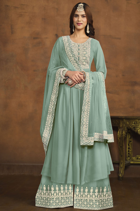 Engaging Cyan Color Georgette Festive Wear Palazzo Suit