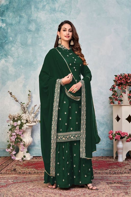 Function Wear Art Silk Fabric Palazzo Suit In Green Color