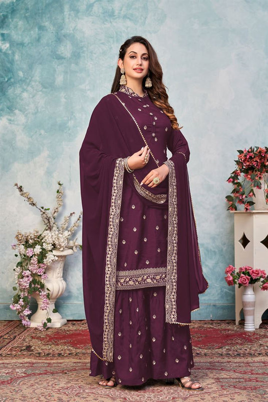 Embroidered Work Trendy Palazzo Suit In Wine Color