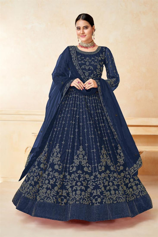 Charming Blue Color Net Fabric Sangeet Wear Anarkali Suit