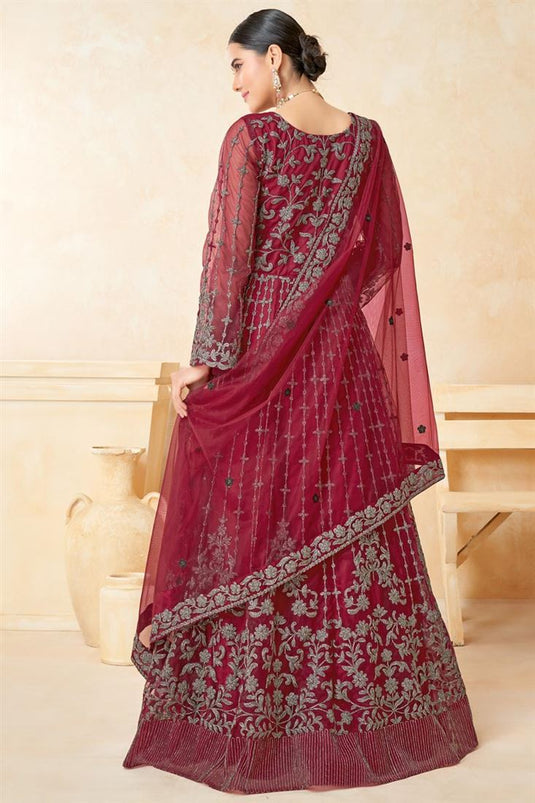 Net Fabric Maroon Color Supreme Sangeet Wear Anarkali Suit