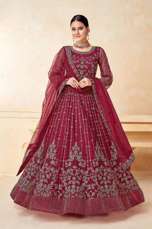 Net Fabric Maroon Color Supreme Sangeet Wear Anarkali Suit