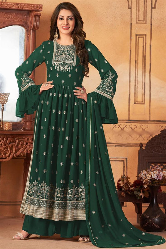 Georgette Fabric Green Color Dazzling Embroidered Palazzo Suit