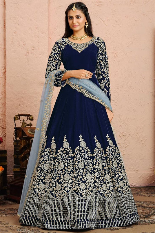 Navy Blue Color Party Wear Embroidered Velvet Fabric Designer Anarkali Suit