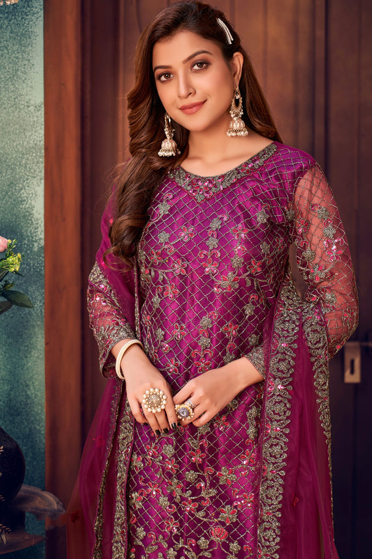 Magenta Color Festive Wear Embroidered Long Straight Cut Salwar Suit In Net Fabric