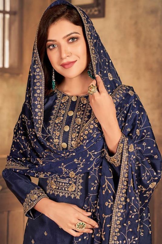 Viscose Fabric Festive Wear Navy Blue Embroidered Straight Cut Suit