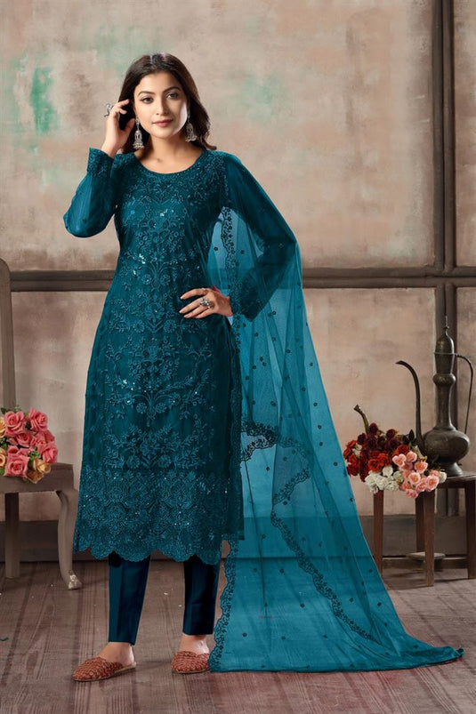 Teal Color Festive Wear Classy Embroidered Straight Cut Suit In Net Fabric