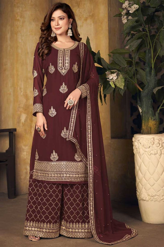 Maroon Color Alluring Georgette Fabric Function Wear Palazzo Suit With Embroidered Work