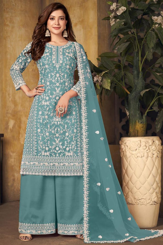 Trendy Cyan Color Embroidered Palazzo Suit In Net Fabric