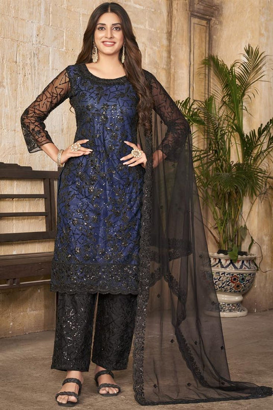 Navy Blue Color Exquisite Net Fabric Embroidered Salwar Suit