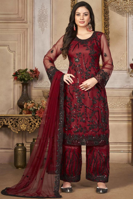 Stunning Maroon Color Net Fabric Festival Wear Palazzo Suit