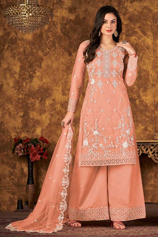 Captivating Embroidered Work Peach Color Net Fabric Palazzo Suit