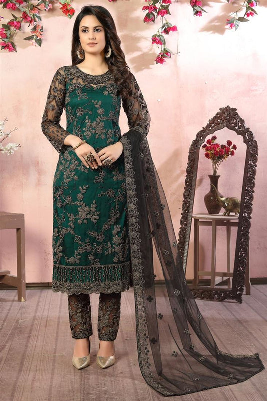 Net Fabric Dark Green Color Embroidered Salwar Kameez