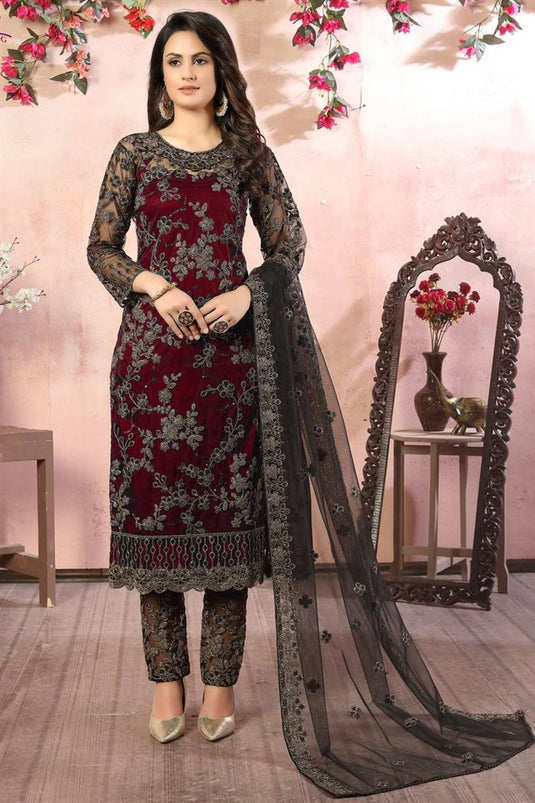 Occasion Wear Maroon Color Embroidered Salwar Kameez