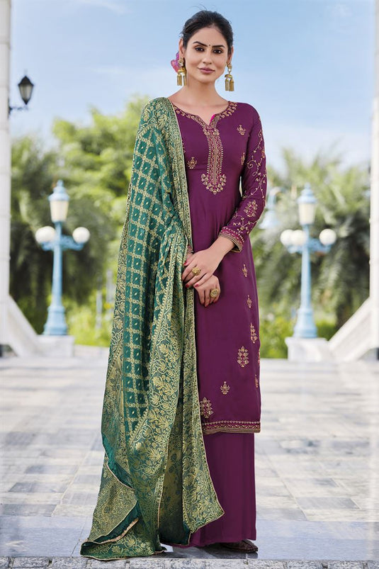 Radiant Purple Color Satin Georgette Fabric Palazzo Suit