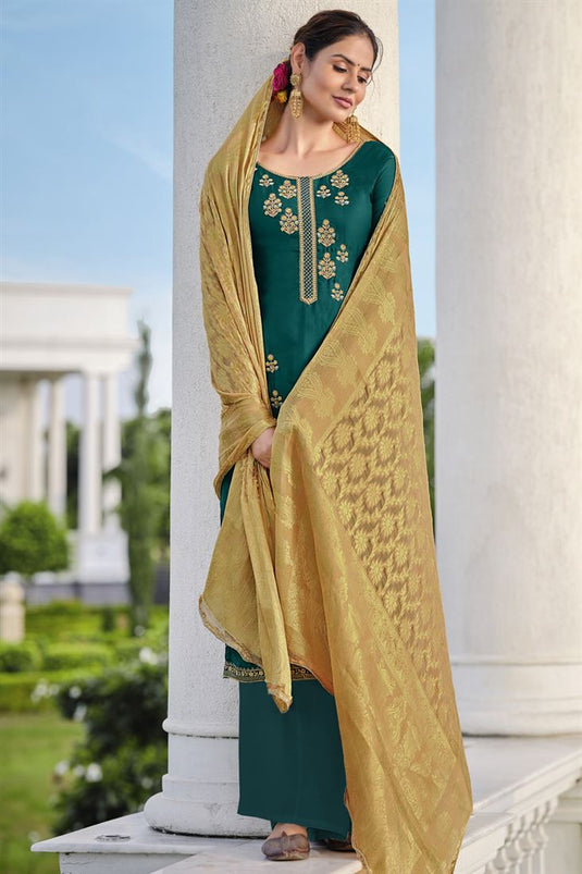 Georgette Fabric Dark Green Color Sangeet Wear Palazzo Suit With Embroidered Work