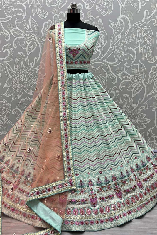 Georgette Fabric Light Cyan Color Lavish Wedding Wear Thread Embroidered Work Lehenga With Net Dupatta