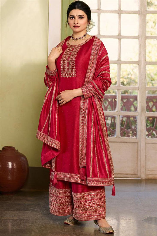 Red Color Function Wear Embroidered Work Georgette Fabric Lovely Palazzo Suit Featuring Prachi Desai