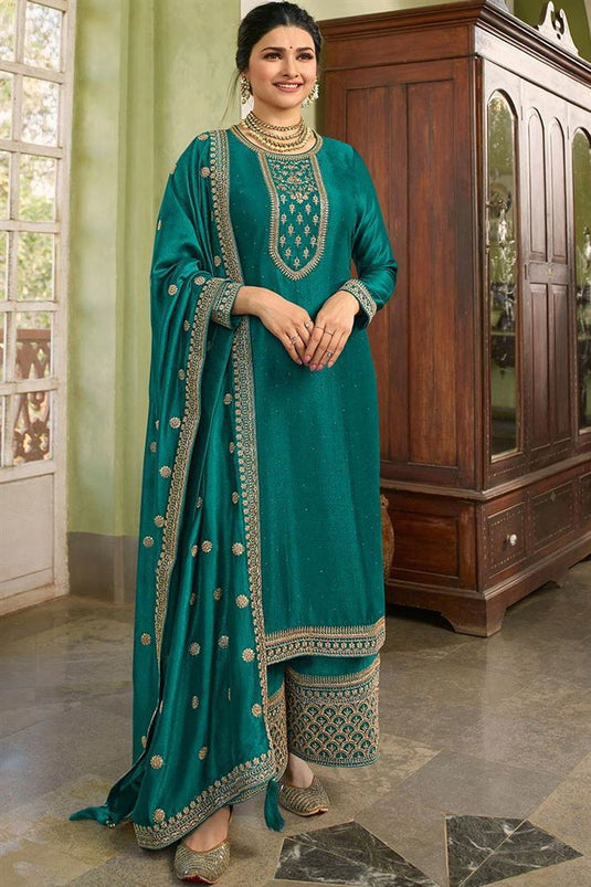 Function Wear Embroidered Work Georgette Fabric Teal Color Enticing Palazzo Suit Featuring Prachi Desai