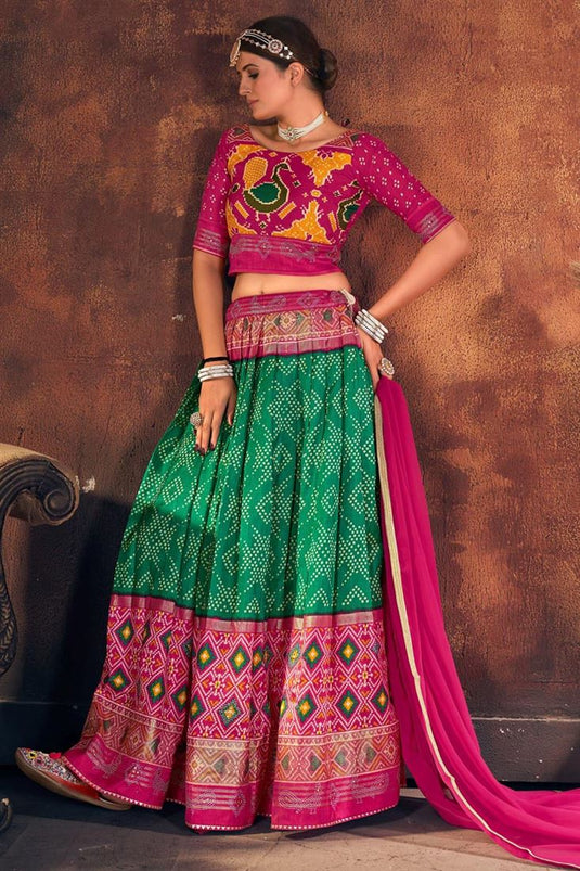 Art Silk Fabric Pink Color Sangeet Wear Fashionable Lehenga With Digital Patola Printed Work