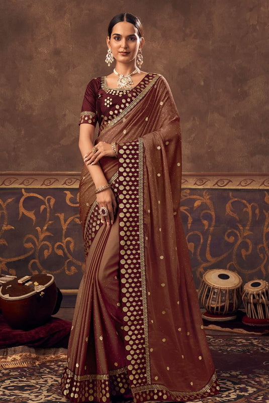 Chinon Fabric Function Wear Embroidered Elegant Saree In Chikoo Color