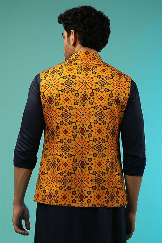 Satin Fabric Function Wear Ravishing Printed Jacket In Mustard Color