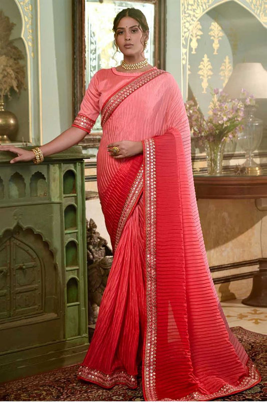 Party Style Aristocratic Red Color Crush Saree In Chinon Fabric