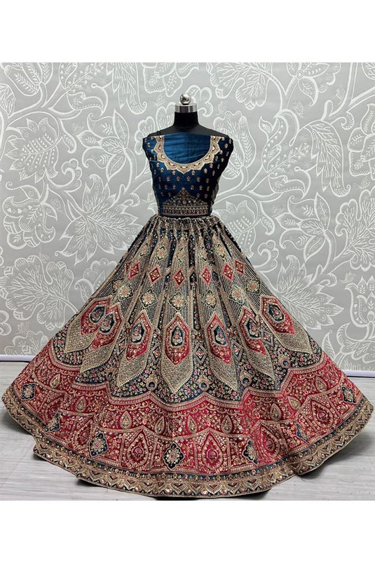 Wedding Wear Amazing Bridal Velvet Lehenga In Blue Color