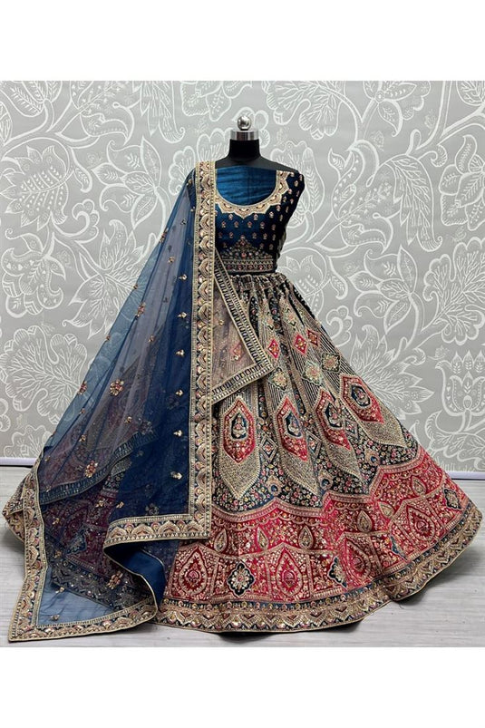 Wedding Wear Amazing Bridal Velvet Lehenga In Blue Color